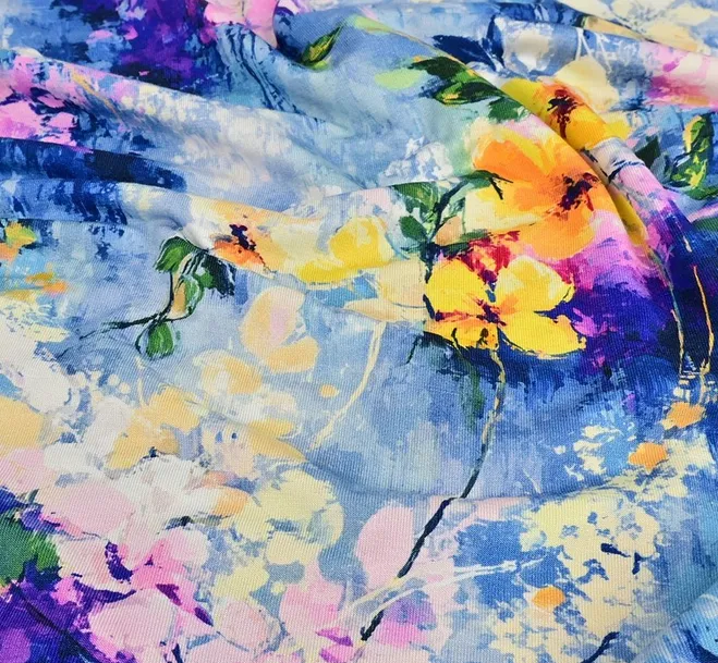 Bamboe tricot blauw met bloemen